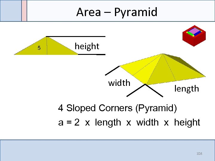 Area – Pyramid 5 height width length 4 Sloped Corners (Pyramid) a = 2