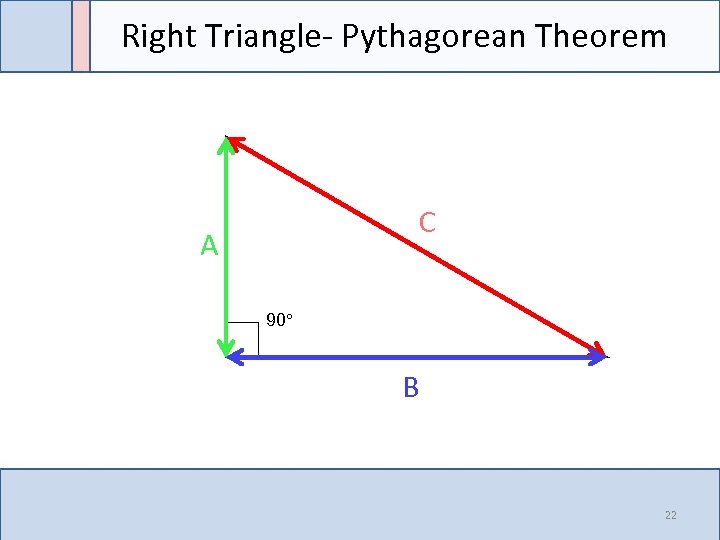 Right Triangle- Pythagorean Theorem C A 90° B 22 