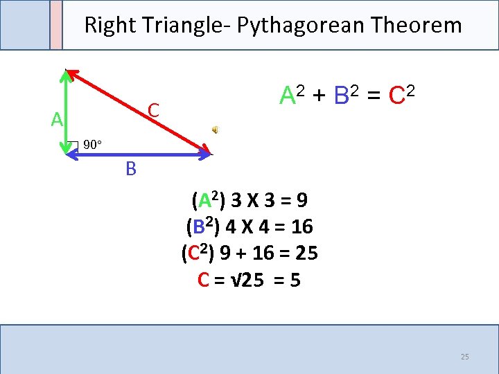 Right Triangle- Pythagorean Theorem C A A 2 + B 2 = C 2
