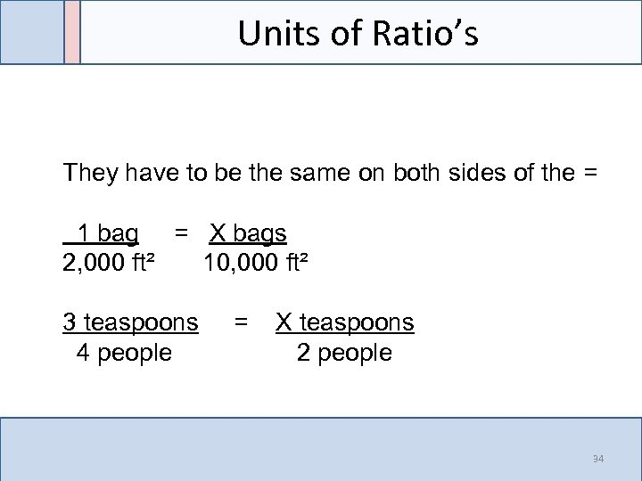 Units of Ratio’s They have to be the same on both sides of the