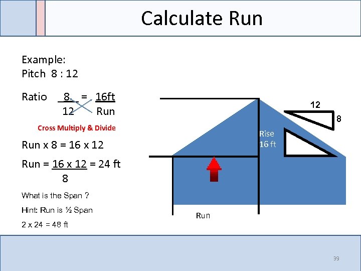 Calculate Run Example: Pitch 8 : 12 Ratio _8 _ = 16 ft 12