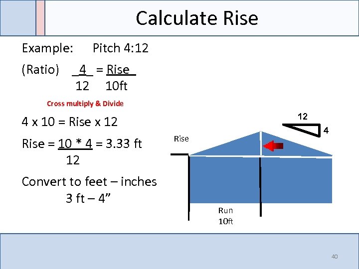 Calculate Rise Example: Pitch 4: 12 (Ratio) _4_ = Rise 12 10 ft Cross