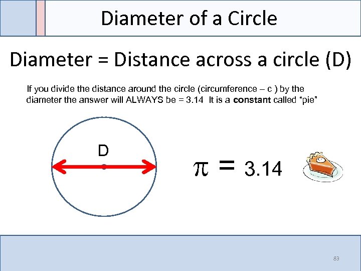 Diameter of a Circle Diameter = Distance across a circle (D) If you divide