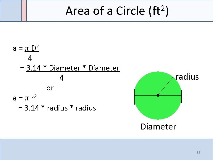 Area of a Circle (ft 2) radius . a = D 2 4 =