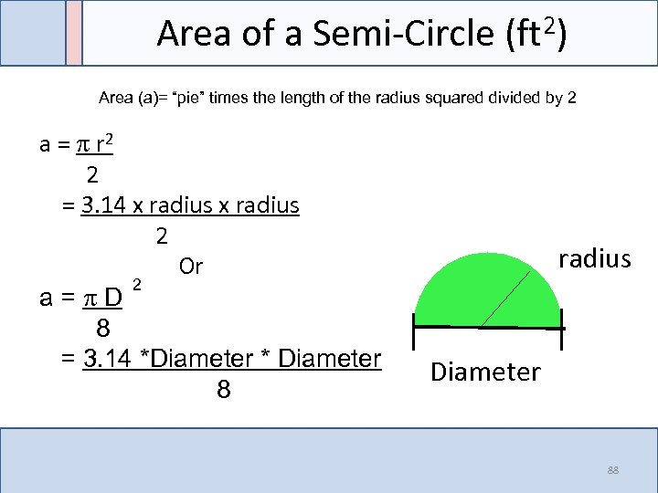 Area of a Semi-Circle (ft 2) Area (a)= “pie” times the length of the