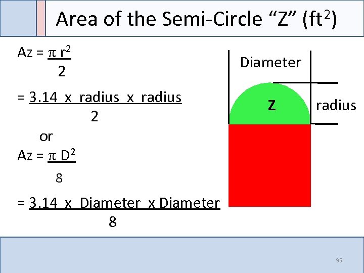 Area of the Semi-Circle “Z” (ft 2) AZ = r 2 2 = 3.