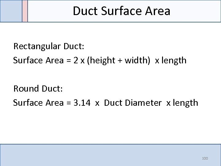 Duct Surface Area Rectangular Duct: Surface Area = 2 x (height + width) x