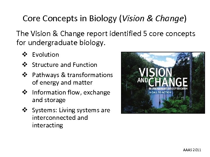 Core Concepts in Biology (Vision & Change) The Vision & Change report identified 5