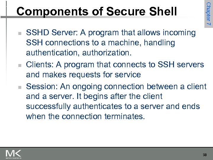 n n n Chapter 7 Components of Secure Shell SSHD Server: A program that