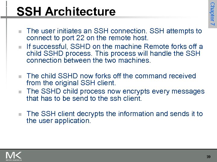 n n n Chapter 7 SSH Architecture The user initiates an SSH connection. SSH