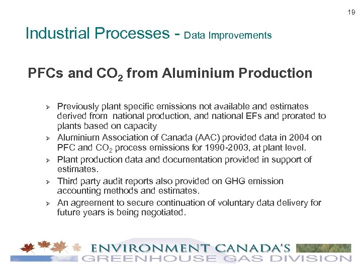 19 Industrial Processes - Data Improvements PFCs and CO 2 from Aluminium Production Ø