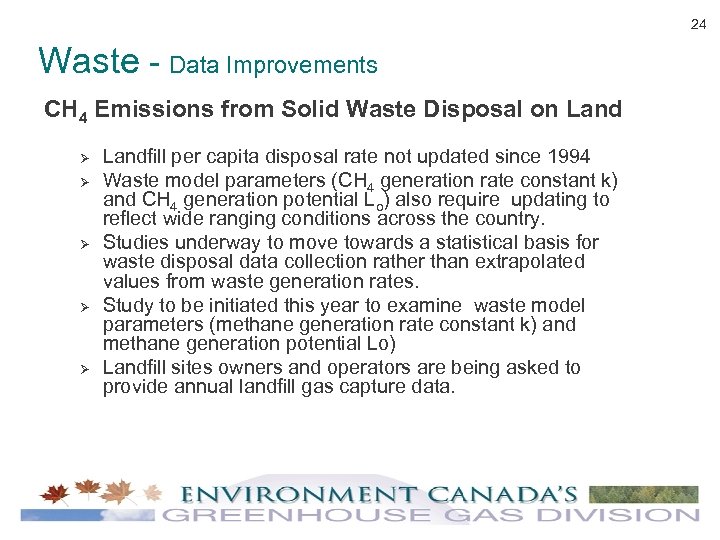 24 Waste - Data Improvements CH 4 Emissions from Solid Waste Disposal on Land