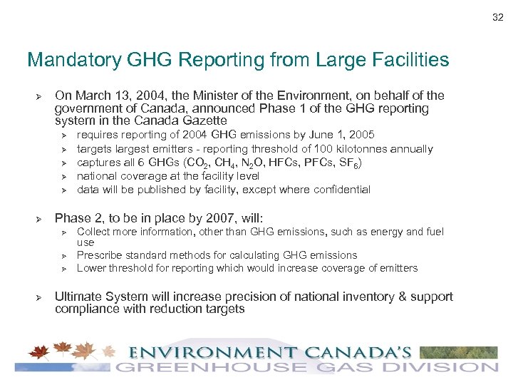 32 Mandatory GHG Reporting from Large Facilities Ø On March 13, 2004, the Minister