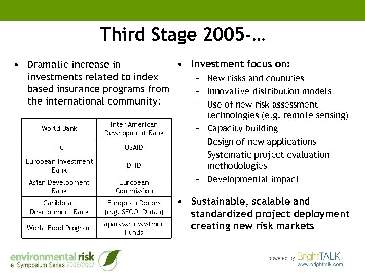 Third Stage 2005 -… • Investment focus on: • Dramatic increase in investments related