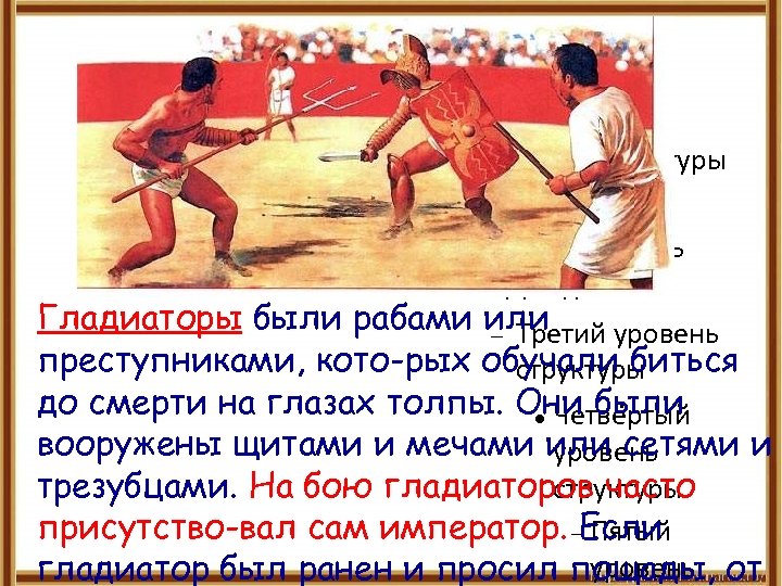  Для правки структуры щелкните мышью Второй уровень структуры Гладиаторы были рабами или Третий