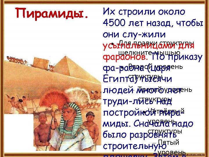 Пирамиды. Их строили около 4500 лет назад, чтобы они слу-жили Для правки структуры усыпальницами