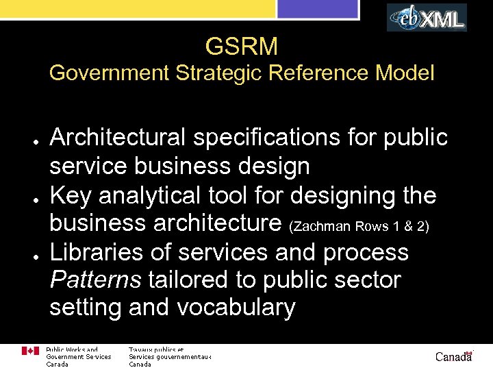 GSRM Government Strategic Reference Model ● ● ● Architectural specifications for public service business