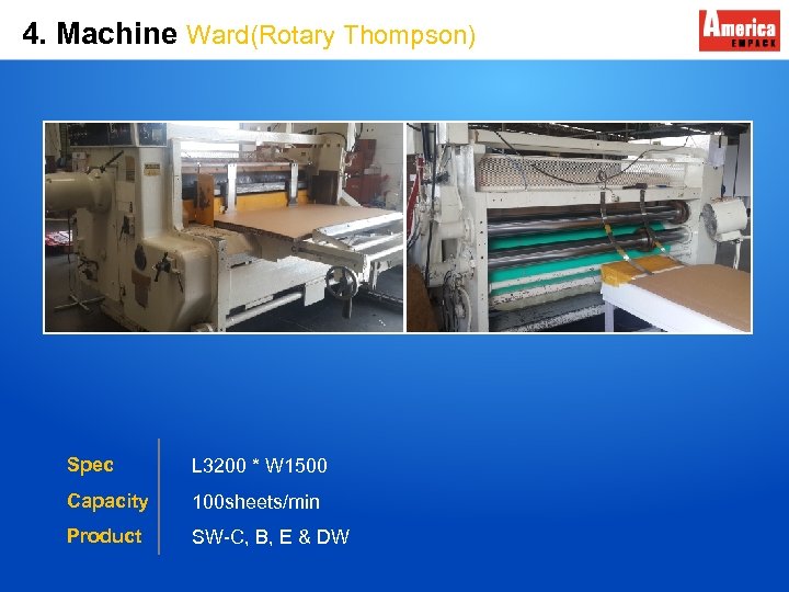 4. Machine Ward(Rotary Thompson) Spec L 3200 * W 1500 Capacity 100 sheets/min Product
