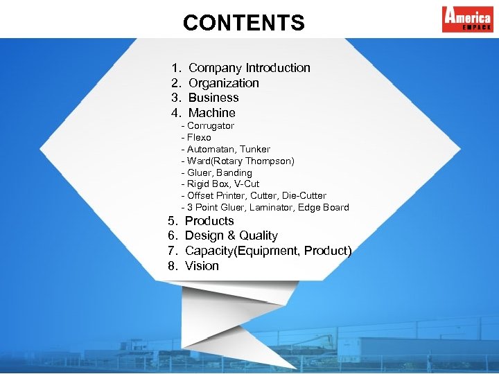 CONTENTS 1. 2. 3. 4. Company Introduction Organization Business Machine - Corrugator - Flexo