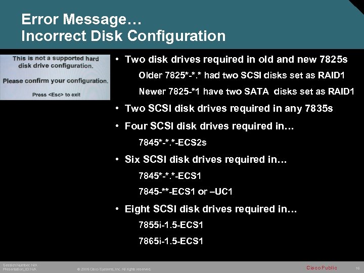 Error Message… Incorrect Disk Configuration • Two disk drives required in old and new