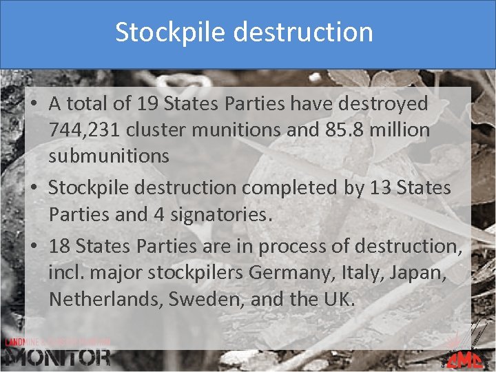 Stockpile destruction • A total of 19 States Parties have destroyed 744, 231 cluster