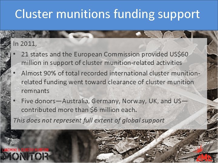 Cluster munitions funding support In 2011, • 21 states and the European Commission provided