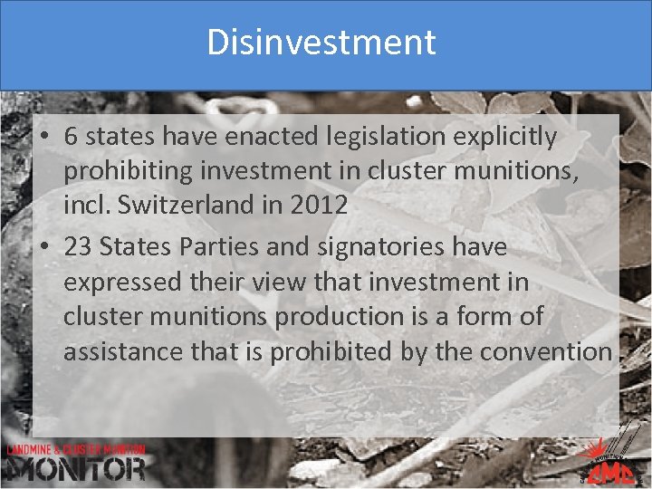 Disinvestment • 6 states have enacted legislation explicitly prohibiting investment in cluster munitions, incl.