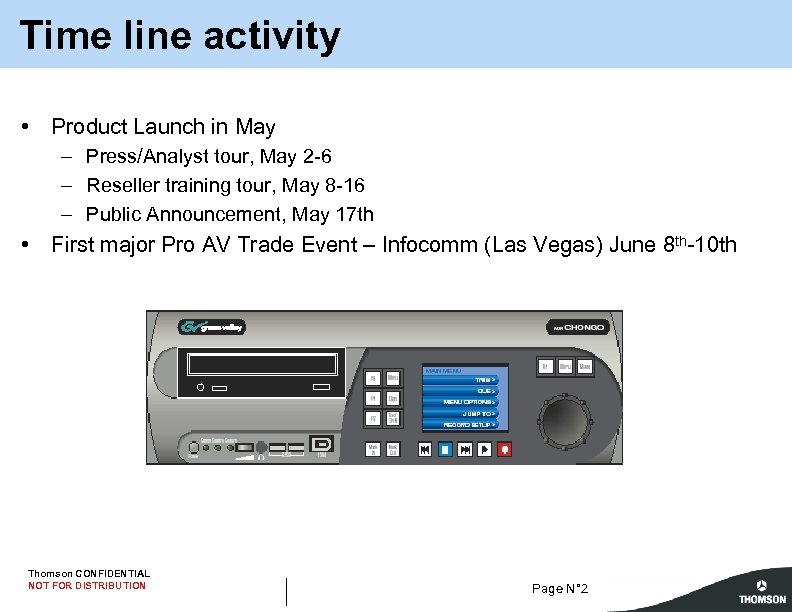 Time line activity • Product Launch in May – Press/Analyst tour, May 2 -6