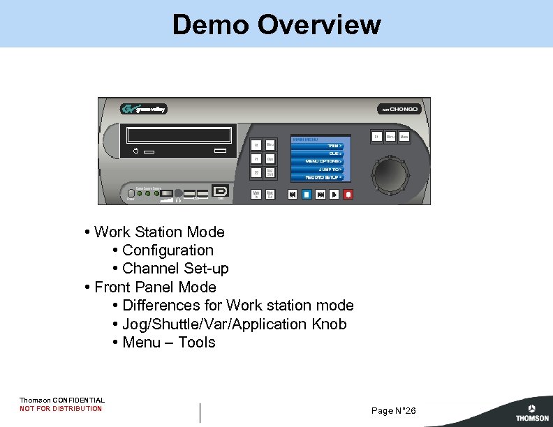 Demo Overview • Work Station Mode • Configuration • Channel Set-up • Front Panel