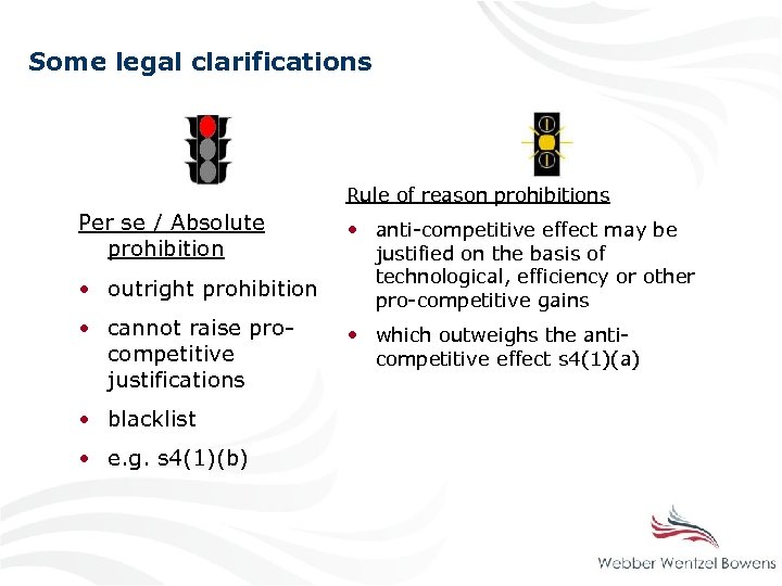 Some legal clarifications Rule of reason prohibitions Per se / Absolute prohibition • outright