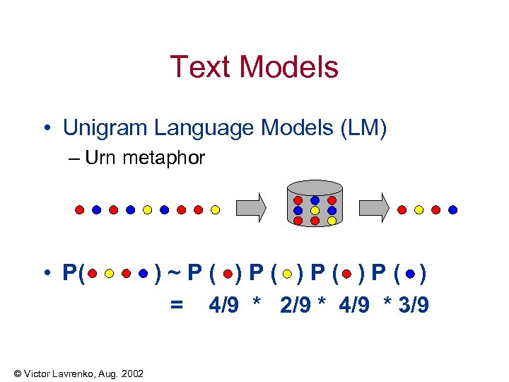 Text Models • Unigram Language Models (LM) – Urn metaphor • P( © Victor