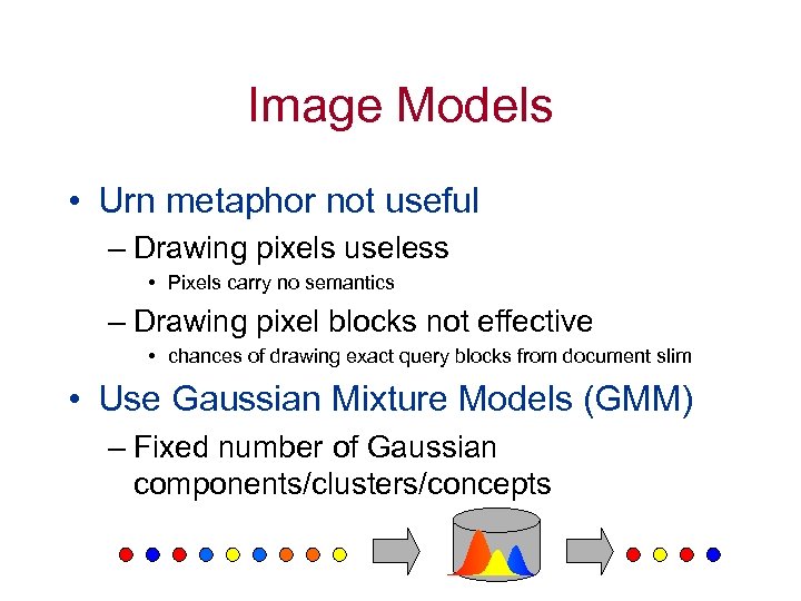 Image Models • Urn metaphor not useful – Drawing pixels useless • Pixels carry