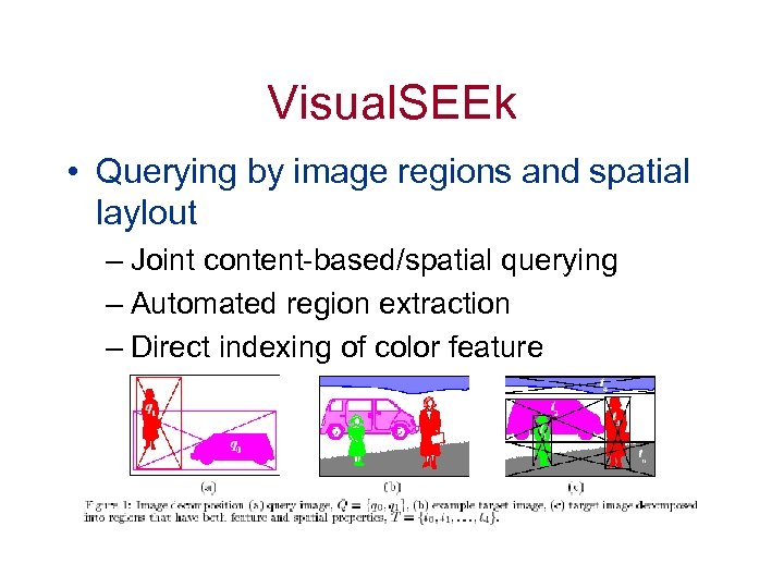 Visual. SEEk • Querying by image regions and spatial laylout – Joint content-based/spatial querying