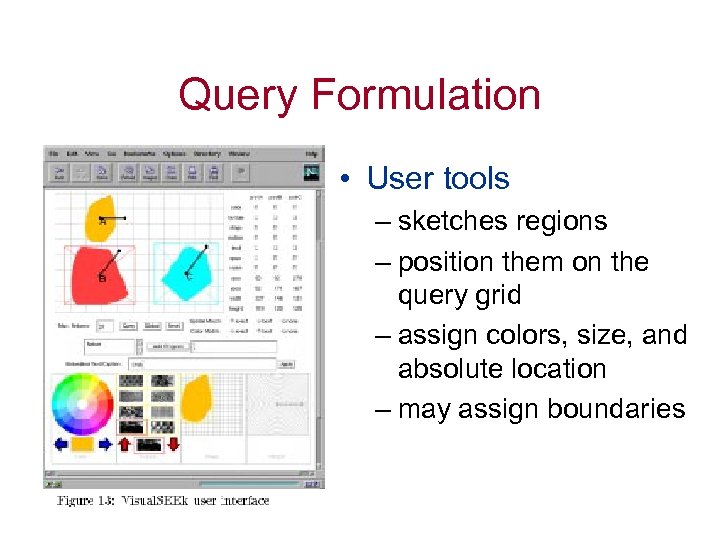 Query Formulation • User tools – sketches regions – position them on the query