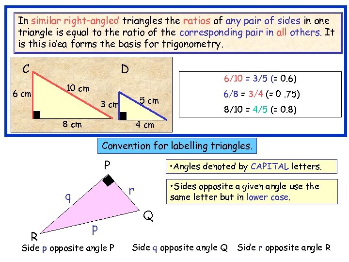 In similar right-angled triangles the ratios of any pair of sides in one triangle
