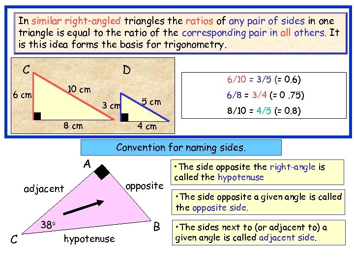 In similar right-angled triangles the ratios of any pair of sides in one triangle