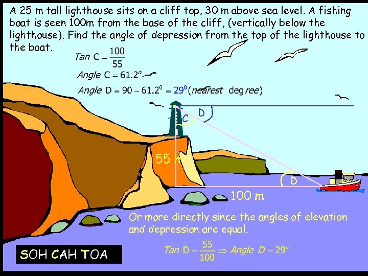 A 25 m tall lighthouse sits on a cliff top, 30 m above sea