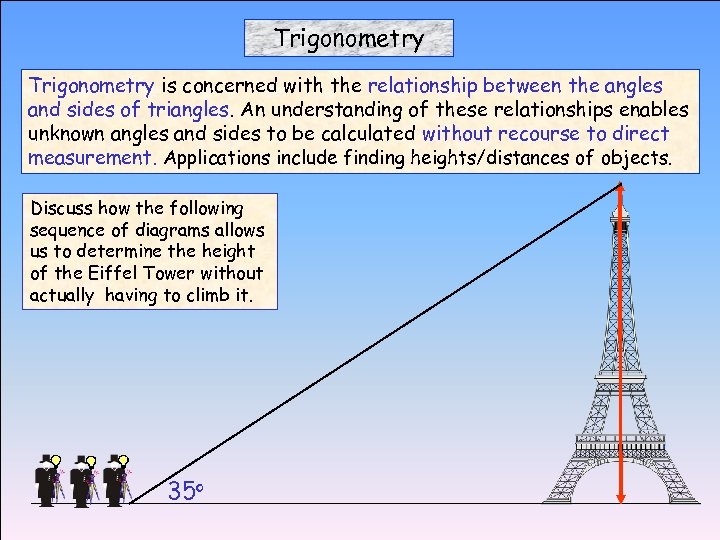 Trigonometry is concerned with the relationship between the angles and sides of triangles. An