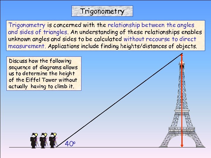 Trigonometry is concerned with the relationship between the angles and sides of triangles. An