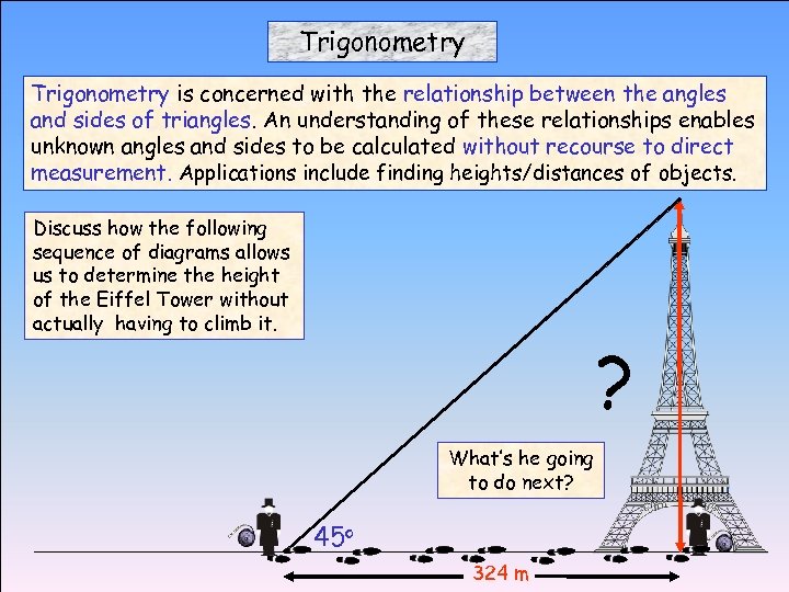 Trigonometry is concerned with the relationship between the angles and sides of triangles. An
