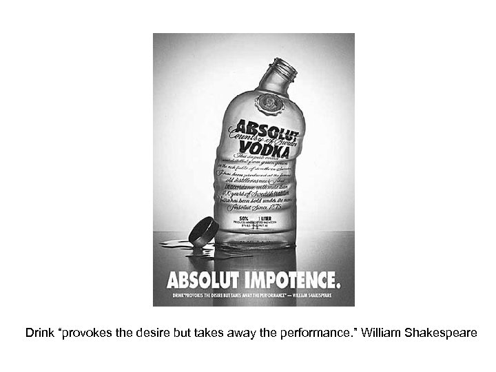 Drink “provokes the desire but takes away the performance. ” William Shakespeare 