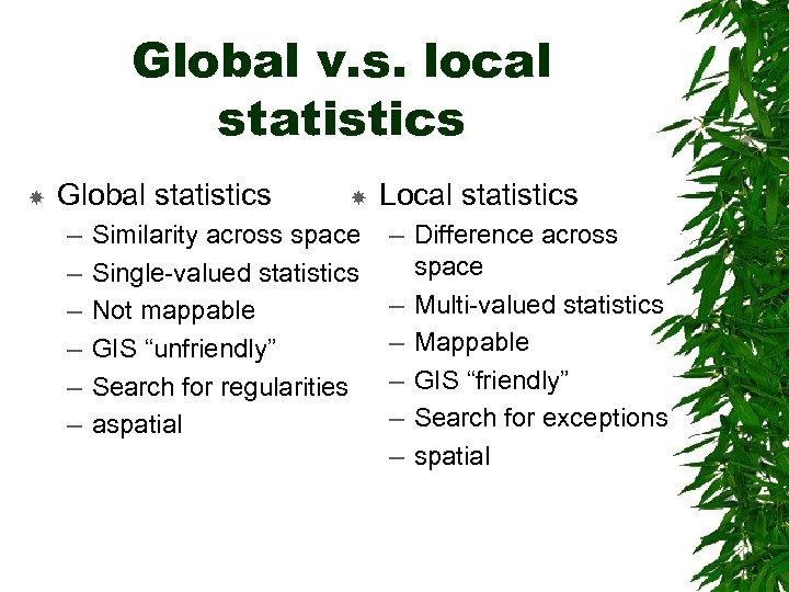 Global v. s. local statistics Global statistics – – – Similarity across space Single-valued