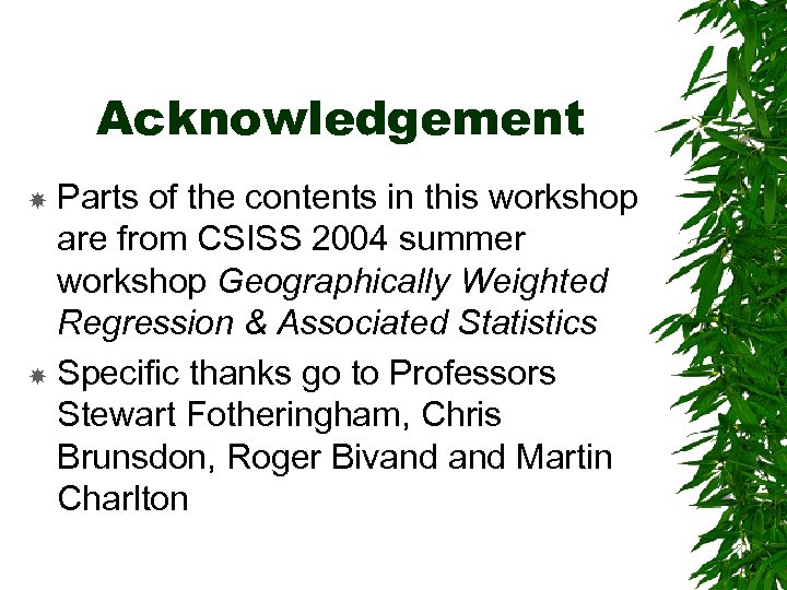 Acknowledgement Parts of the contents in this workshop are from CSISS 2004 summer workshop