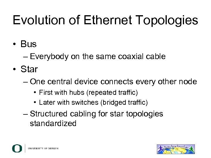 Evolution of Ethernet Topologies • Bus – Everybody on the same coaxial cable •