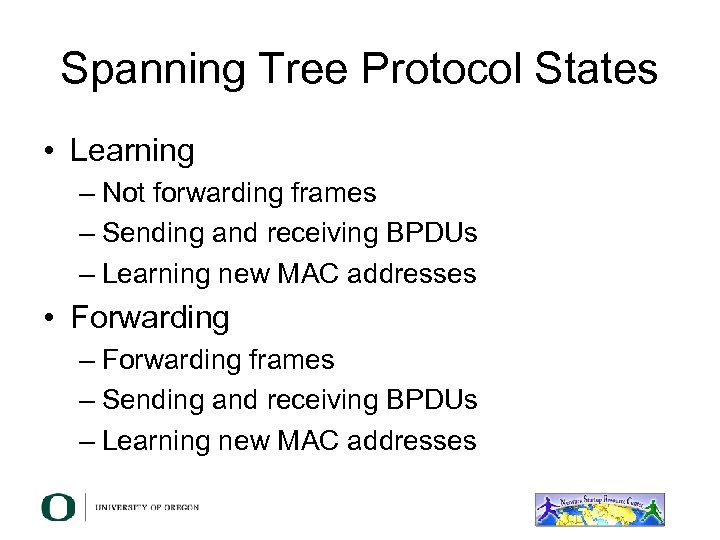Spanning Tree Protocol States • Learning – Not forwarding frames – Sending and receiving