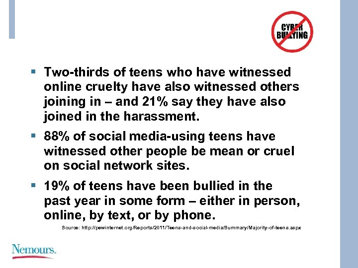 § Two-thirds of teens who have witnessed online cruelty have also witnessed others joining
