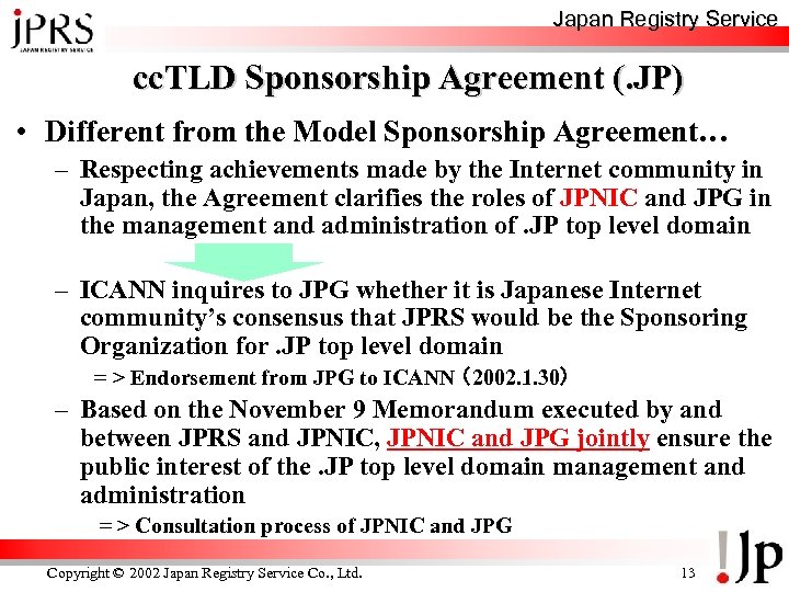 Japan Registry Service cc. TLD Sponsorship Agreement (. JP) • Different from the Model