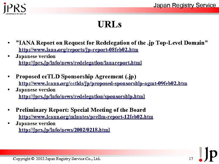 Japan Registry Service URLs • 