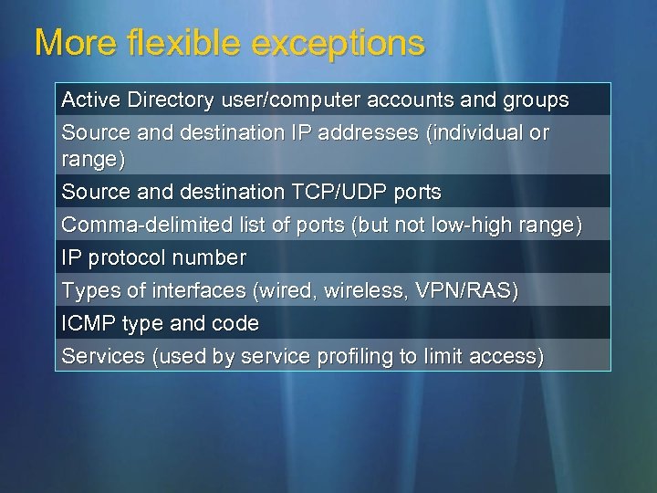 More flexible exceptions Active Directory user/computer accounts and groups Source and destination IP addresses