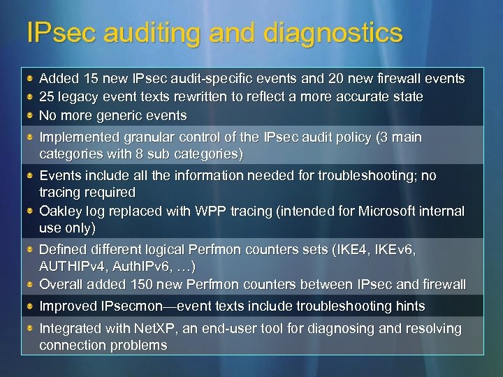 IPsec auditing and diagnostics Added 15 new IPsec audit-specific events and 20 new firewall